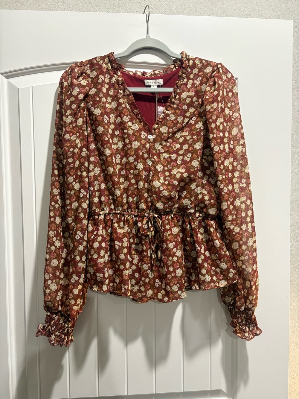 Blu Pepper Rust Floral Peplum Tie-Waist Blouse